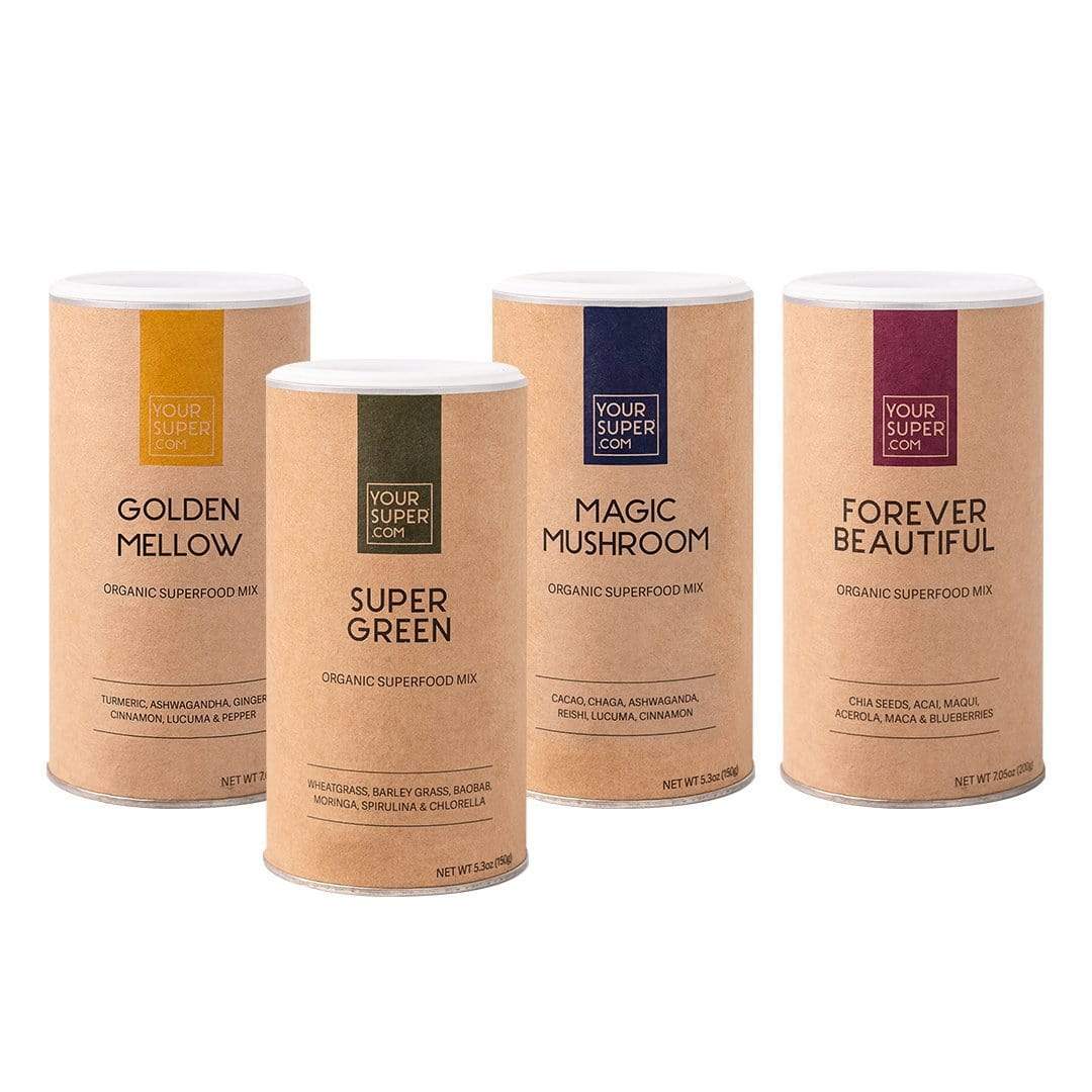 Vous cherchez un coup de pouce immunitaire? Le pack Immunity comprend 4 mélanges à cet effet : Super Green, Forever Beautiful, Mellow Yellow et Magic Mushroom. your super